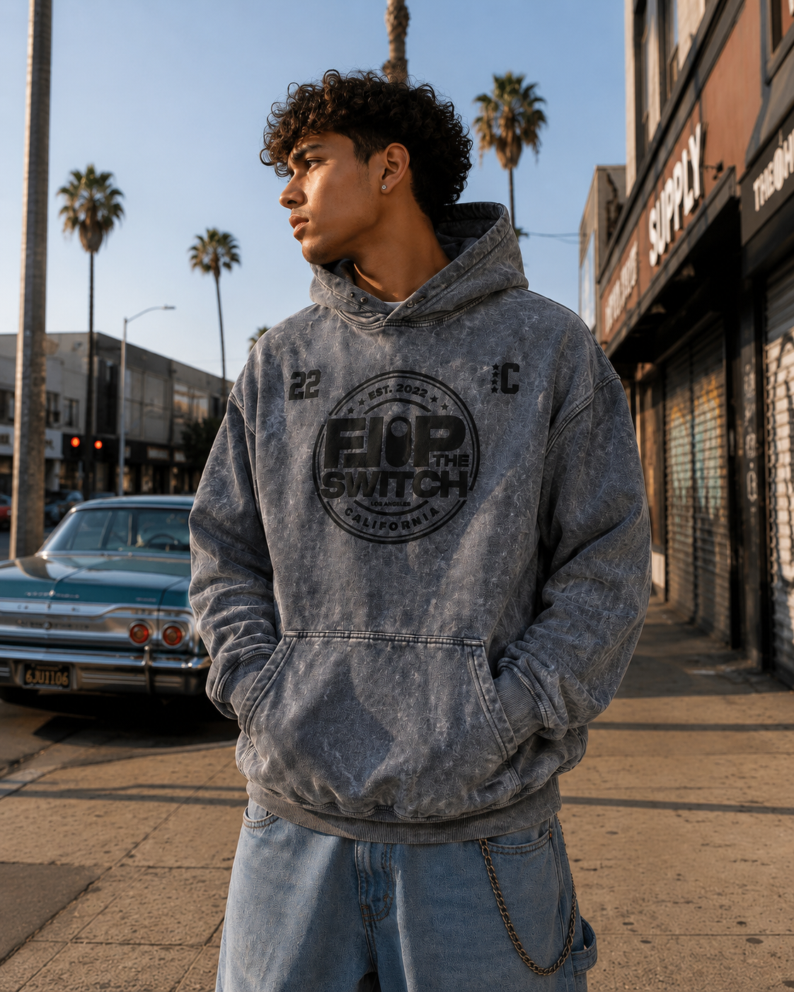 FLIP THE SWITCH Washed Gray Puff Print Hoodie